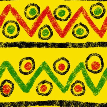 Hand drawn seamless pattern with african geometric ornament design print, Juneteenth freedom 1865 fabric, yellow green red black abstract shapes kente cloth, ethnic background