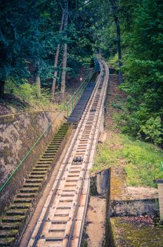 Funicular rails on slope of hill to Diana Observation lookout Tower Rozhledna Diana , thick dense foliage forest wood near Karlovy Vary Carlsbad town, West Bohemia, Czech Republic