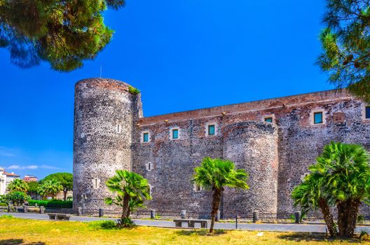 Old medieval royal castle fortress with stone walls and towers Castello Ursino Bear Castle Sicily Kingdom, also known as Castello Svevo di Catania in historical city centre, southern Italy