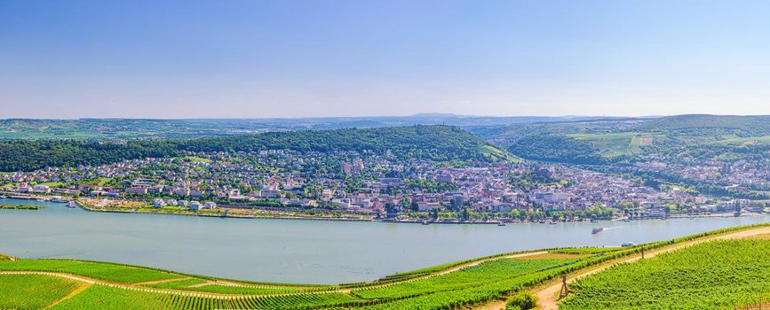 Aerial panoramic view of river Rhine Gorge or Upper Middle Rhine Valley winemaking region with vineyards green fields, Bingen am Rhein town, blue sky, Rhineland-Palatinate, Hesse states, Germany