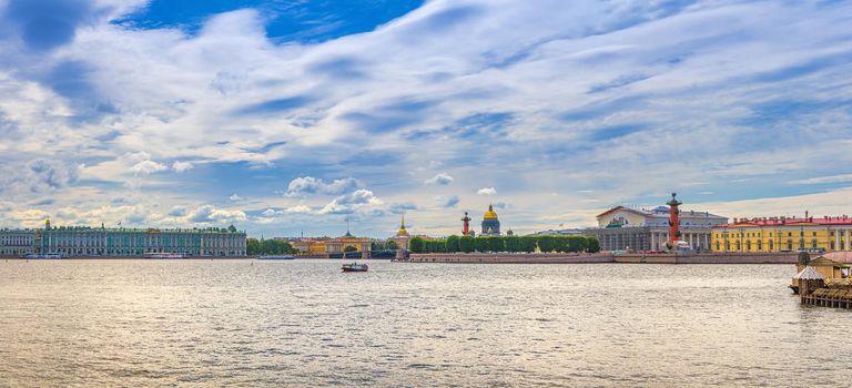 Panorama of Saint Petersburg Leningrad with Winter Palace, State Hermitage Museum, Palace Bridge across Neva river, Saint Isaac's Cathedral, Strelka Arrow of Vasilyevsky Island, Russia