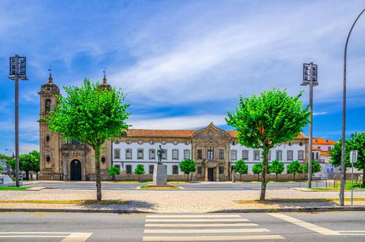 Igreja do Populo catholic church neoclassical building and Convento do Populo monastery in Braga city historical centre, blue sky white clouds background, Norte or Northern Portugal