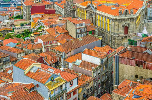 Aerial view of Porto Oporto city historical centre with red tiled roof typical buildings, Igreja de Sao Bento da Vitoria church and Portuguese Centre of Photography, Northern Portugal