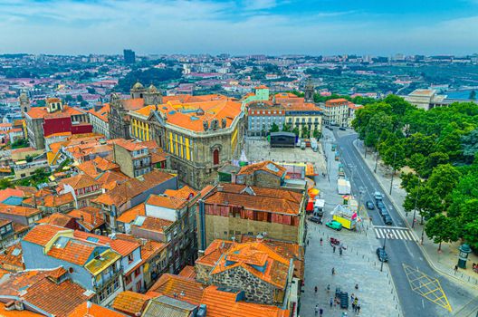 Aerial view of Porto Oporto city historical centre with red tiled roof typical buildings, Igreja de Sao Bento da Vitoria church, Cordoaria Garden and Vila Nova de Gaia city, Northern Portugal