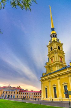 Saints Peter and Paul Cathedral Orthodox church with golden spire, Saint Petersburg Mint in Peter and Paul Fortress on Zayachy Hare Island, vertical view, Saint Petersburg Leningrad city, Russia