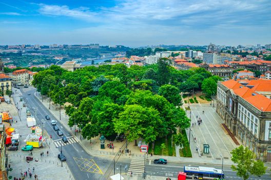 Aerial view of Porto Oporto city historical centre with Cordoaria Garden, University of Porto Universidade do Porto building and Douro River, Northern Portugal