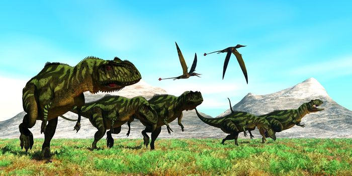 Rhamphorhynchus Pterosaurs follow a pack of carnivorous theropod Yangchuanosaurus dinosaurs as they hunt for prey.