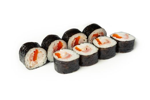 Sushi roll with bacon and shrimp on a white plate, classic Japanese sushi. Traditional Japanese food with maki Delicious pieces of sushi. For the restaurant menu. copyspace.