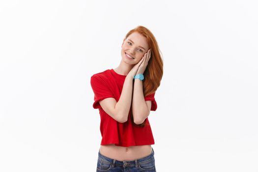 Young cute woman tired and very sleepy isolate over white background