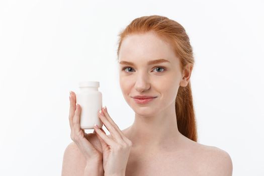 Beautiful Smiling Girl Taking Medication, Holding Bottle With Pills. Healthy Happy Female Eating Pill.Vitamins And Supplements,Diet Nutrition Concept