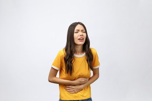 woman with stomach ache, menstrual period cramp, abdominal pain, food poisoning.