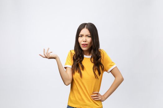 young attractive asian woman who points to the finger with unhappy emotion