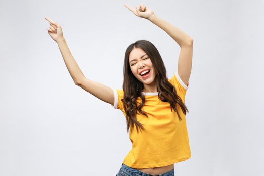 Asian women happiness hand up with winning or success something
