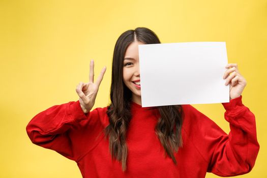 girl holds a white sheet in hands, an office worker shows a blank sheet