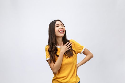 Young friendly Asian woman with smiley face isolated on white background.