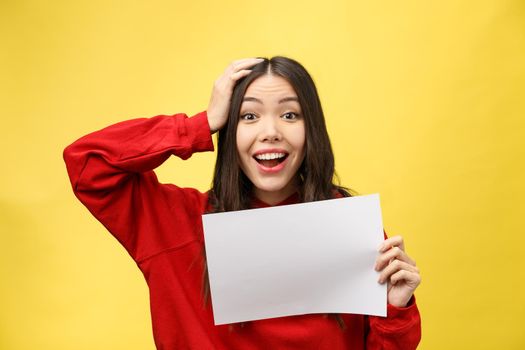 girl holds a white sheet in hands, an office worker shows a blank sheet