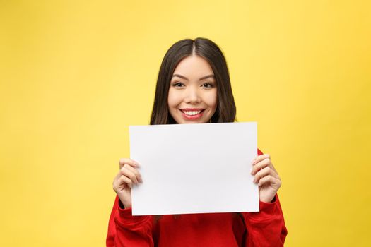 girl holds a white sheet in hands, an office worker shows a blank sheet