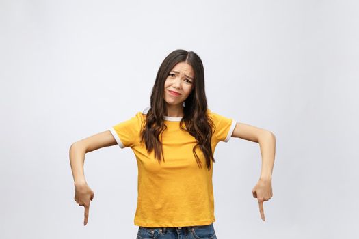 young attractive asian woman who points to the finger with unhappy emotion