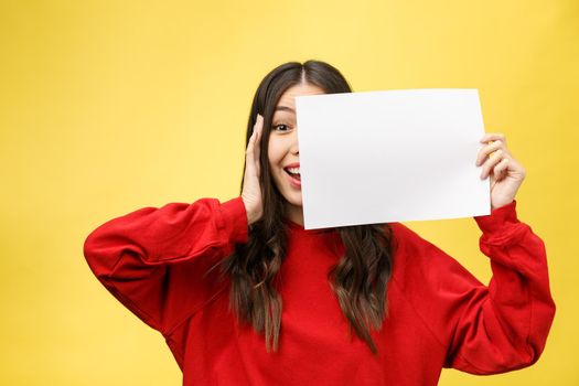 girl holds a white sheet in hands, an office worker shows a blank sheet