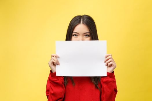 girl holds a white sheet in hands, an office worker shows a blank sheet