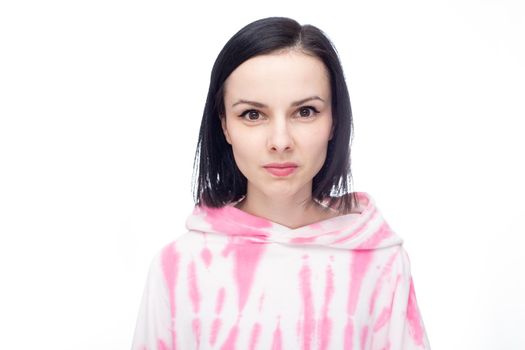 woman in pink hoodie on white background. High quality photo