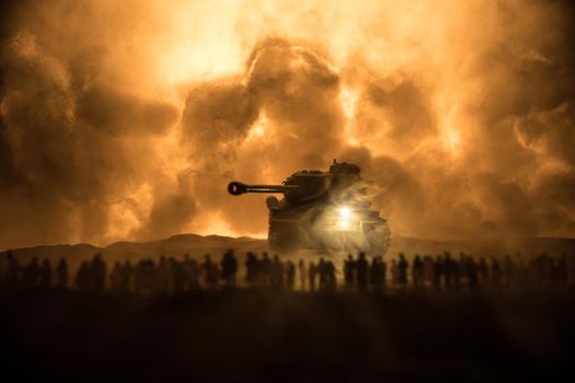 Creative artwork decoration - Russian war in Ukraine concept. Crowd looking on giant explosion and attacking armored vehicles. Selective focus