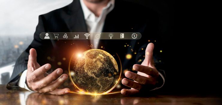 Hand of businessman with global internet connection application technology and digital marketing, Financial and banking, Digital link tech, big data. business concept