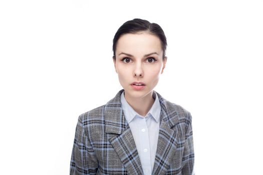 strict brunette woman manager in a cleaning suit, white background. High quality photo
