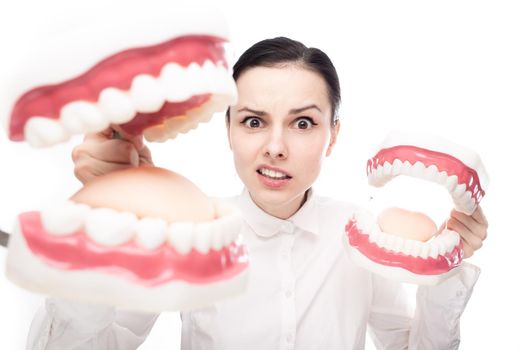 female employee of the dental clinic holding giant jaws in her hands, white background. High quality photo