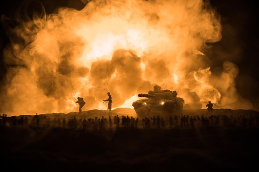 Creative artwork decoration - Russian war in Ukraine concept. Crowd looking on giant explosion and attacking armored vehicles. Selective focus