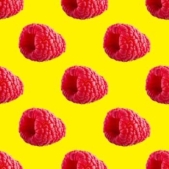 Seamless pattern with ripe raspberry. Berries abstract background. Raspberry pattern for package design with yellow background.