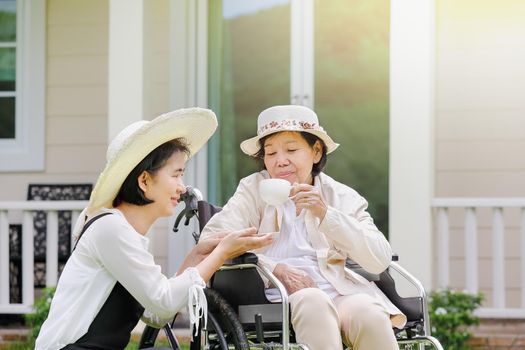 Elderly woman relax on wheelchair in backyard with daughter