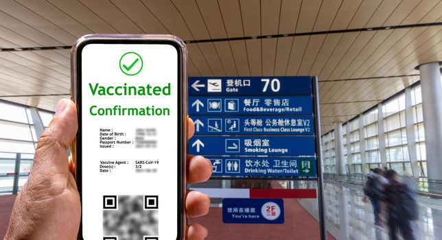 Digital Covid vaccination certificate or vaccine passports  on moble phone.