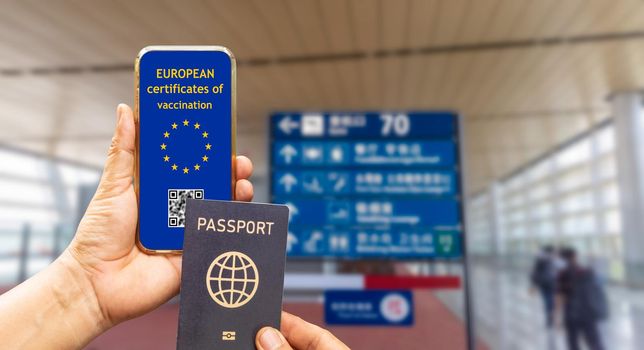 EU Digital Covid vaccination certificate or vaccine passports  on mobile phone.