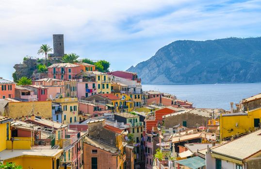 Vernazza traditional typical Italian village in National park Cinque Terre with colorful multicolored buildings houses and Castello Doria castle on rock cliff, Ligurian Sea, La Spezia, Liguria, Italy