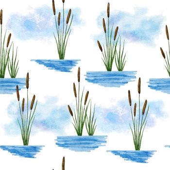 Watercolor hand drawn seamless pattern with typha plant in river lake water. Blue sky natural wild landscape background, forest print with botany greenery elements flowers