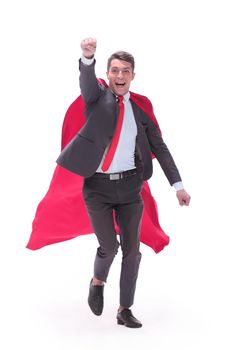 full length . happy businessman superhero runs towards his goal. isolated on white