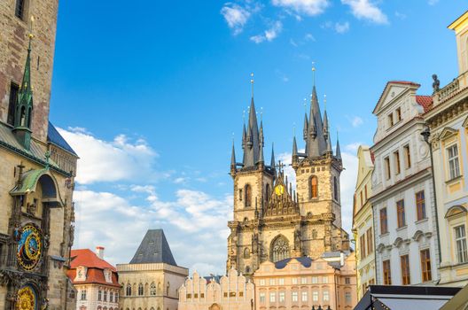 Prague Old Town Square Stare Mesto historical city centre with Astronomical Clock Orloj of Old Town City Hall, Stone Bell House, Gothic Church of Our Lady before Tyn, Bohemia, Czech Republic