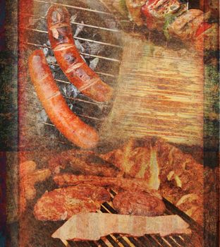 barbecue with delicious grilled meat ,Abstract vintage frame