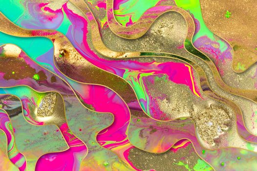 Gold dust spots and wavy line on flow fluorescent ink abstract background.