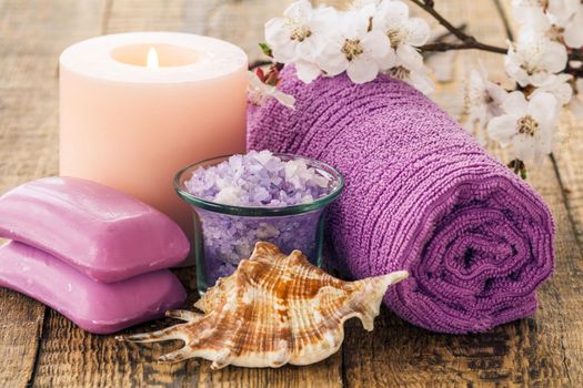 Sea salt in glass bowl with towel for bathroom procedures, sea shell, soap and burning candle with flowering branch of apricot tree on the background. Spa products and accessories