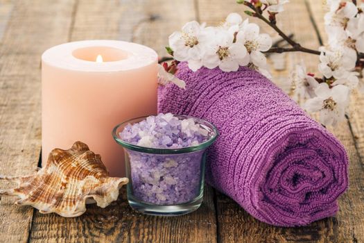 Sea salt in glass bowl with towel for bathroom procedures, sea shell and burning candle with flowering branch of apricot tree on the background. Spa products and accessories