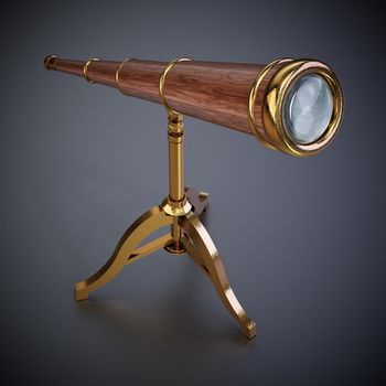 Vintage telescope isolated on dark background. 3D illustration.