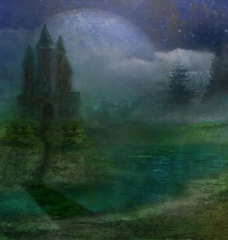 abstract landscape with old castle and moon