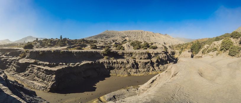 panoramic View on the Bromo volcano or Gunung Bromo on Indonesian in the Bromo Tengger Semeru National Park on the Java Island, Indonesia. One of the most famous volcanic objects in the world. Travel to Indonesia concept.
