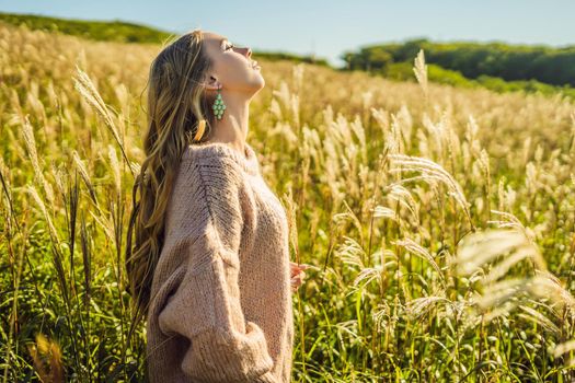 Young beautiful woman in autumn landscape with dry flowers, wheat spikes. Fashion autumn, winter. Sunny autumn, Cozy autumn sweater. fashion photo.