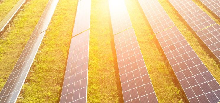 Aerial top view of a solar panels power plant. Photovoltaic solar panels at sunrise and sunset in countryside from above. Modern technology, climate care, earth saving, renewable energy concept