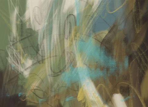 Abstract painting art, background. Olive and blue large sloppy paint strokes. Textured wallpaper is horizontal.