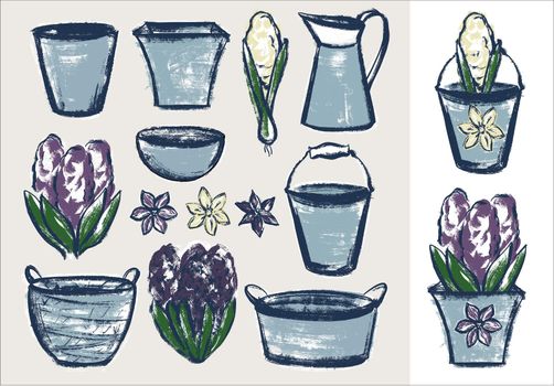 A set of illustrations. Spring hyacinth, planters and flower pots. In the style of a careless sketch by hand with a wide brush.