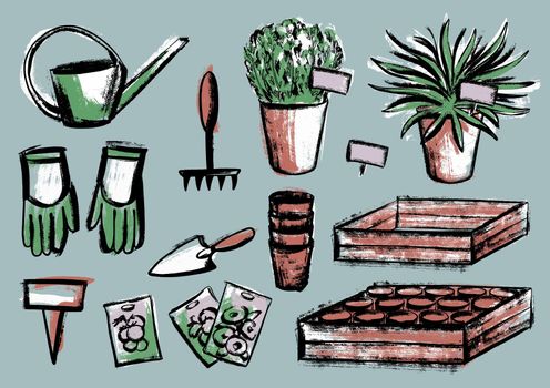 A set of illustrations on the topic of planting plants. A tool with seedlings, pots, boxes and a flower in a pot. In the style of a casual grunge sketch by hand.